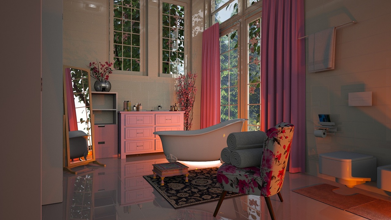 Cozy, pink-themed bathroom with natural lighting