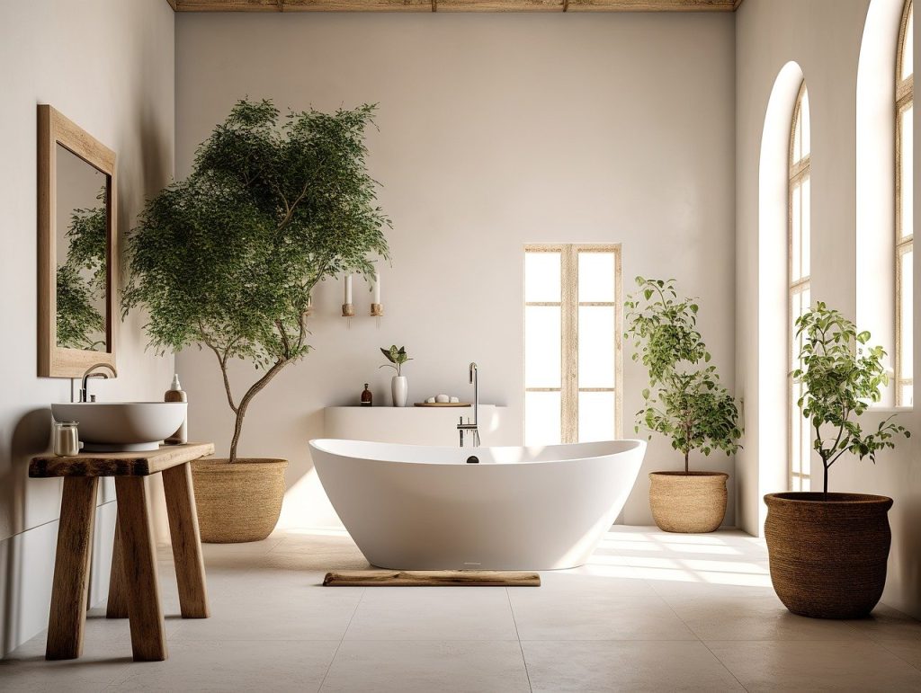 Nature-inspired bathroom with plants and freestanding tub